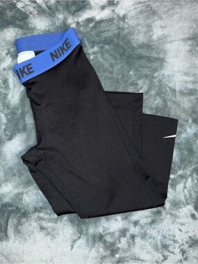 Nike Dri-Fit Cropped Black Leggings with Blue Branded Waistband